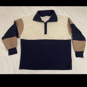 DSG Women Large Rugby Collared 1/4 Snap Pullover Sweatshirt Cream Tan Navy Blue